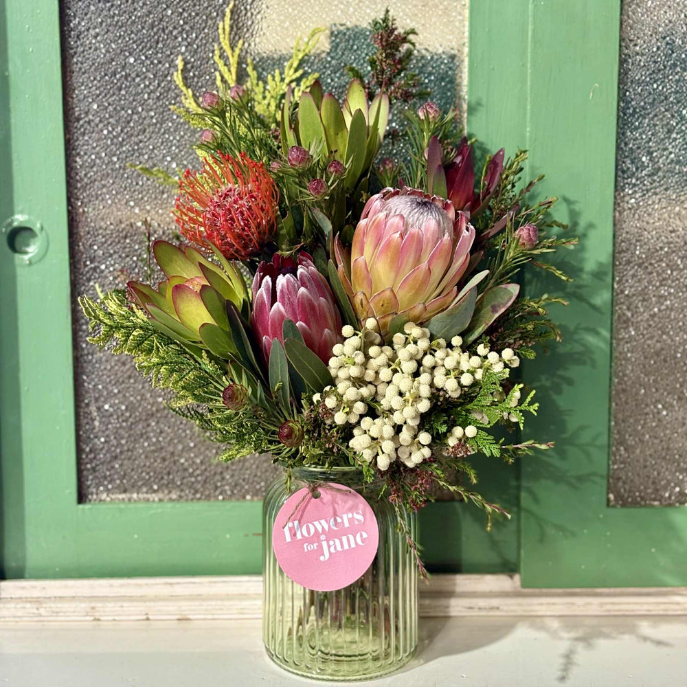 Green Glass Vase & Seasonal Native Flower Posy